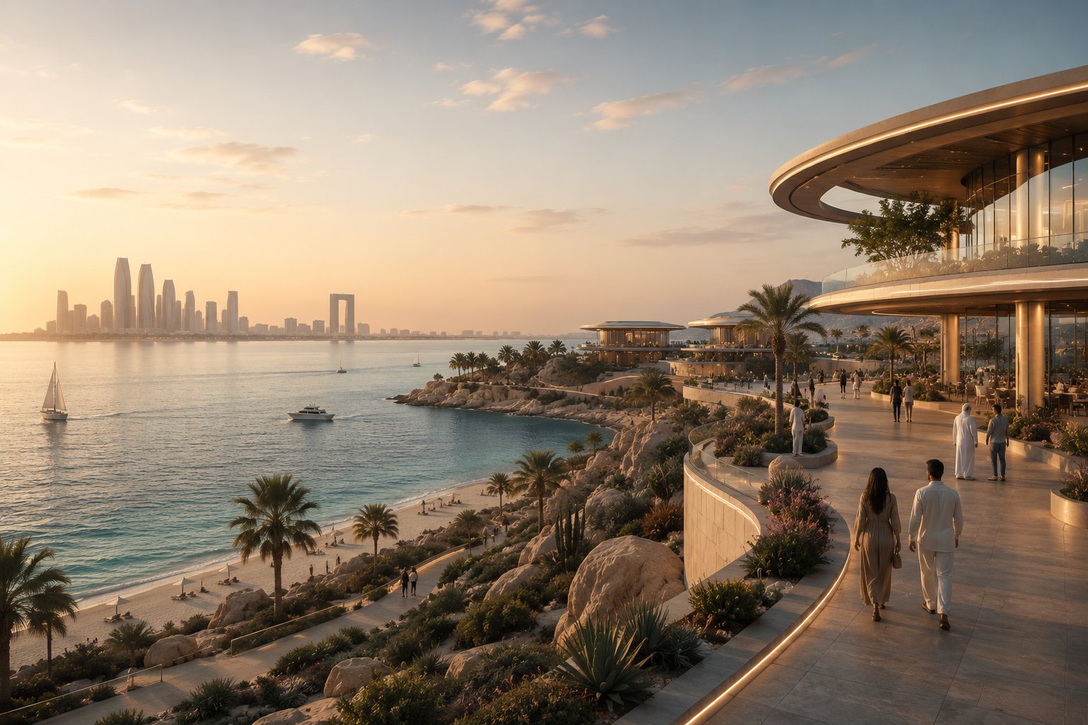 Red Sea-inspired luxury destination at golden hour - turquoise ocean, desert coastline, contemporary architecture and people moving through the experience